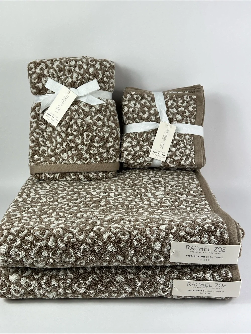 Rachel Zoe Bath Towels Tan Cream Leopard Animal Print 100% Cotton 8 Pc NEW